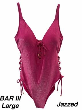 BAR III Women's Jazzed Pink Shimmer Solids Lace-Up One-Piece Swimsuit Size L NWT